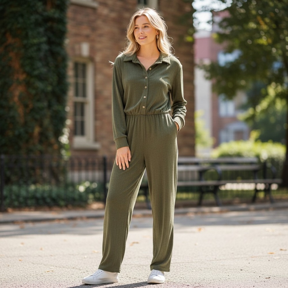 Alexia Admor Jumpsuit Womens Medium Olive Green Long Sleeve Button Front NEW